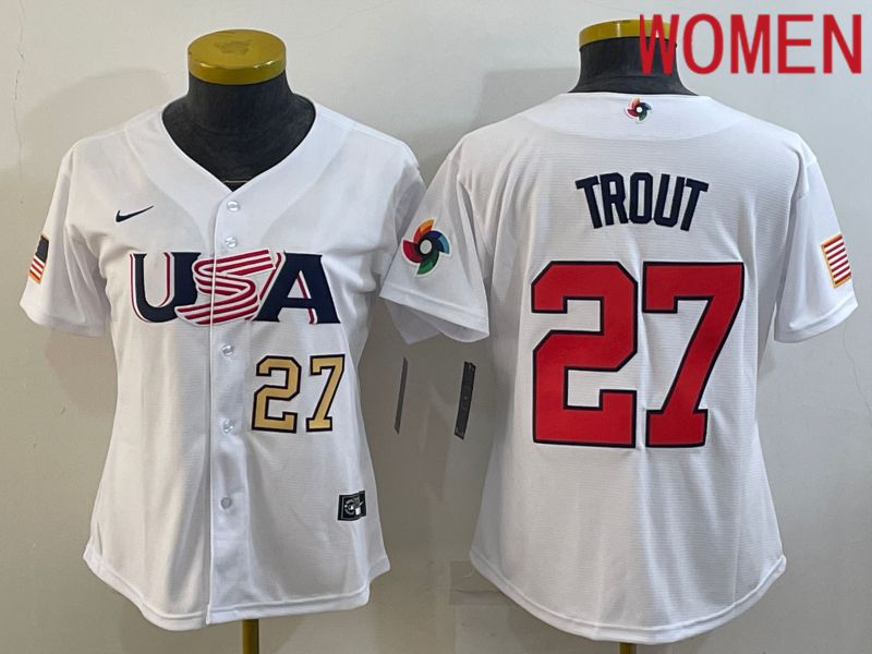 Women 2023 World Cub USA 27 Trout White Nike MLB Jersey1